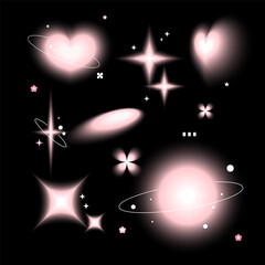 Pink glow blurred hearts, stars, sun, and flowers shapes on black background. y2k Style. Vector illustration.