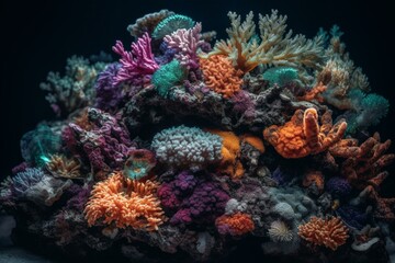 Naklejka na ściany i meble Colorful marine coral reef thriving in deep dark ocean water. Generative AI