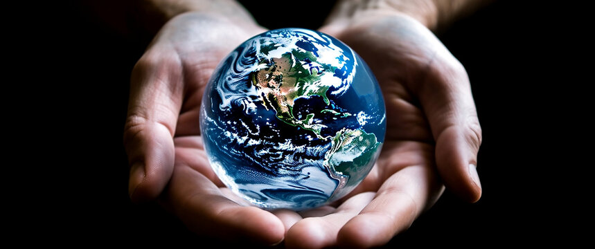 Holding the World in Your Hands: Conceptual Image of Planet Earth in Hand, generative AI