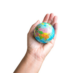 Holding globe in the palm of hand, isolated. Transparent background.