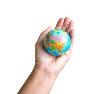 Holding globe in the palm of hand, isolated. Transparent background.