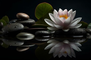 Obraz na płótnie Canvas Black background with lotus & zen stones reflecting spa concept. Generative AI