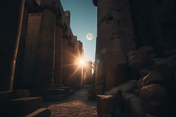 A photo of the winter solstice at Karnak Temple in Egypt. Generative AI