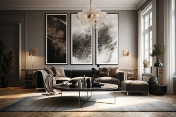 Modern poster in trendy living space, 3D-Render. Generative AI
