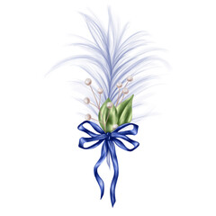 An elegant composition of an airy feather, leaves and dried flowers tied with a blue silk ribbon. Digital illustration on a white background. For invitations, thanks or a greeting card