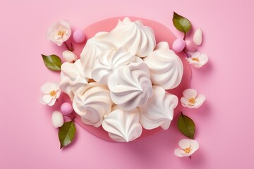 A creative pastry with white and pink meringues, top view, isolated on pastel pink. 3D render illustration. Generative AI