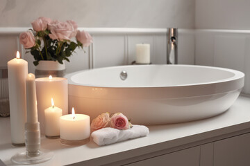 Obraz na płótnie Canvas Elegant white bathroom interior with modern vessel sink, rose and candles. Romantic zen Atmosphere, Burning Scented Candles and rose, generative AI