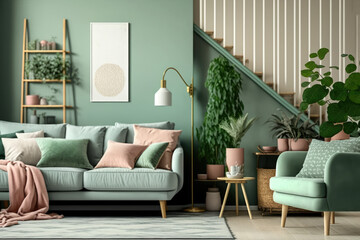 Modern composition of living room interior at apartment with mint sofa, wooden ladder, plants, pillow, lamp and elegant accessories. Stylish home decor. Template. generative AI