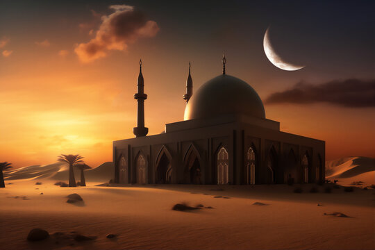 Beautiful Mosque illustration at the desert in sunset or sunrise, with beautiful dramatic light, Created using generative AI tools
