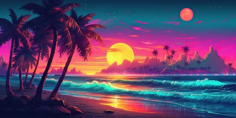 Aesthetic beach synthwave retrowave wallpaper with a cool and vibrant neon design, Generative AI - obrazy, fototapety, plakaty
