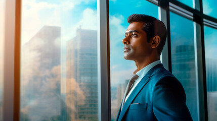 Fototapeta premium Generative Ai. Indian businessman. a close up of a man in a suit looking out a window