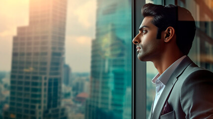 Fototapeta premium Generative Ai. Indian businessman. a man standing in front of a window looking out at a city 