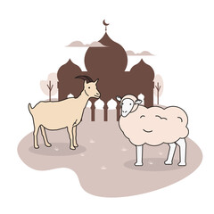 goat and sheep or lam animal sacrifice for eid al adha at mosque in flat illustration