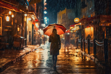 Fototapeta na wymiar Rear View of a Woman in the Rain Illustration
