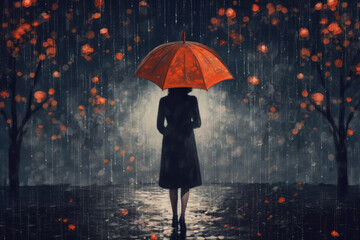 Rear View of a Woman in the Rain Illustration
