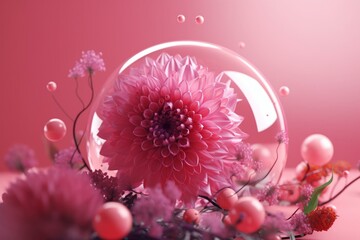 Flower and plant symbols in bubbly style, pink ball background for festive occasions - 3D rendering. Copy space available. Generative AI