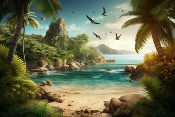 Fototapeta na wymiar Wallpaper with tropical arch, palm trees, birds, butterflies, and beach landscape. Generative AI