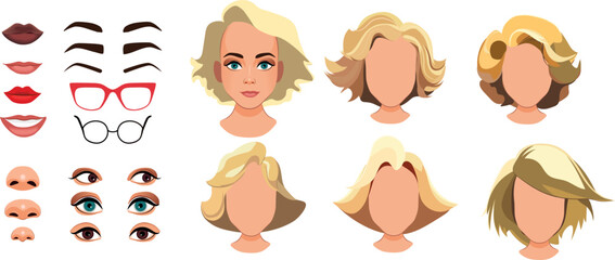 Woman face constructor, avatar of female character creation dark skin heads, hairstyle, nose, eyes with eyebrows and lips. Isolated facial elements for construction cartoon vector set