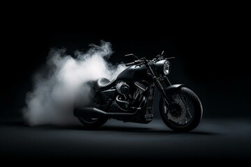 Plakat Dark background with a black motorcycle emitting smoke (3D render). Generative AI