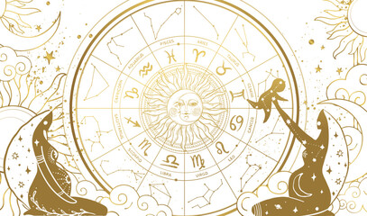 Pregnancy and conception according to the zodiac sign, the birth of children according to the lunar calendar. Beautiful banner with golden zodiac wheel and pregnant women on white background. vector