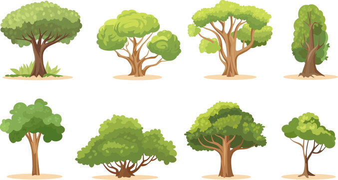 Cartoon flat green trees vector illustration set. Forest tree icons. Nature concept.