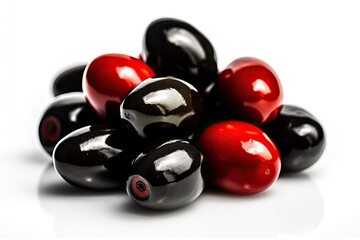 colorful stack of olives, with red and black varieties Generative AI
