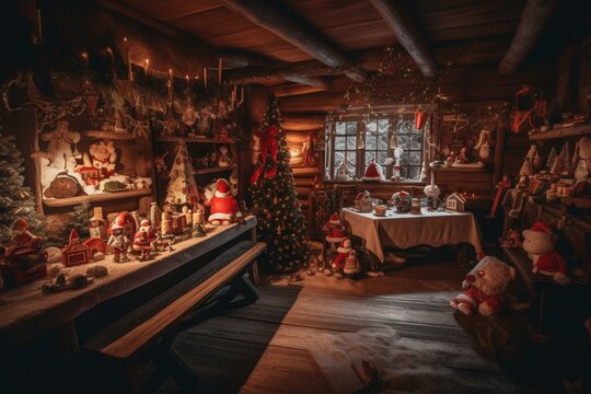 Santa's Workshop On Christmas Night. Generative AI