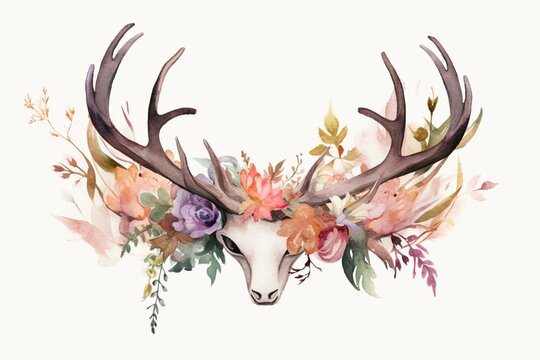 Bohemian antlers and floral watercolor. Perfect for decor. Generative AI