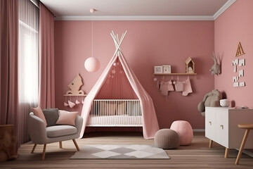 Scandinavian-style baby girl nursery with pink cradle and play tent, generative AI