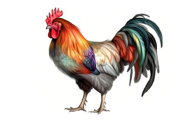 Fototapeta premium Image of rooster standing on white background. Farm animal. illustration, generative AI.