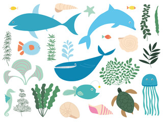 Vector sea animals and plants set. Shark, dolphin, whale, globefish, angler fish, jellyfish and turtle set © Александра Кириченко