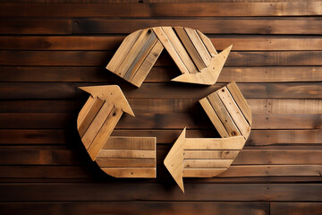 Carved wooden recycling logo on sustainable wood background, generative AI
