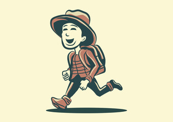 illustration of a running traveler man with a hat in vintage style vector