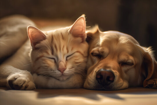 Image of the dog and the cat sleep together. pet. Animals. illustration. Generative AI.