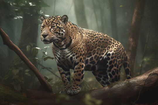 Image of a jaguar in the middle of the forest. Wildlife Animals. Illustration, generative AI.