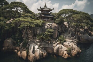 An island with a pagoda in the center surrounded by boulders and trees. Generative AI