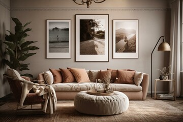 Cozy living space with sofa, decor, and framed artwork. Generative AI