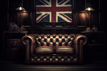 leather couch in a dimly lit room with an American flag hanging on the wall Generative AI