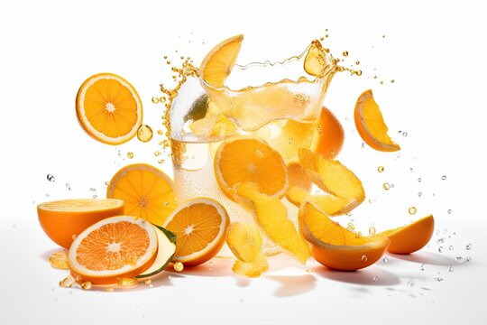 an orange fruit being dropped into a glass of water, causing a splash and ripples Generative AI