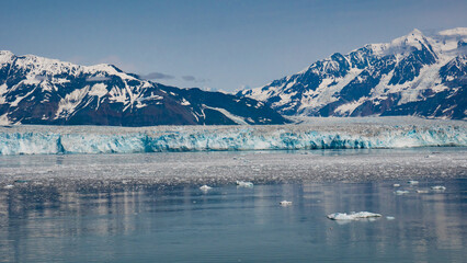 Glacier bay scenery nature. Snowy mountain peaks. Hubbard Glacier nature in Alaska, USA.