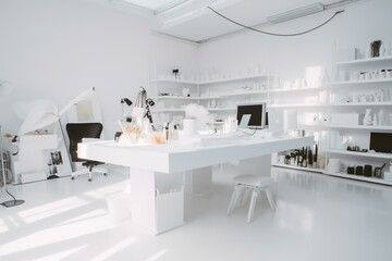 White studio with raised platform for displaying products. Generative AI
