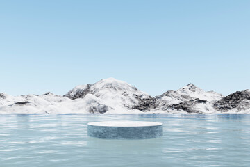 Fototapeta na wymiar 3d render winter platform and natural podium background, Ice podium on the lake, backdrop ice snow mountain and clear sky for product display, advertising, cosmetic, skincare or etc