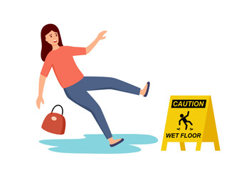 Young woman slip on wet floor in flat design on white background.