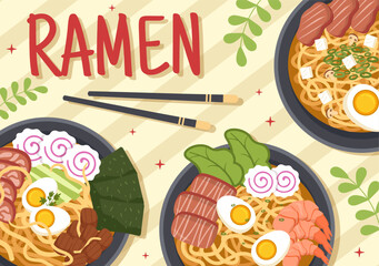 Ramen Vector Illustration of Japanese Food with Noodle, Chopsticks, Miso Soup, Egg Boiled and Grilled Nori in Flat Cartoon Hand Drawn Templates