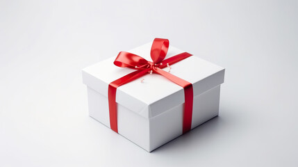 Fototapeta premium Gift box or present isolated. Gift box with red ribbon. Close up valentines day composition of gift box with red satin ribbon. Realistic 3D illustration. Generative AI