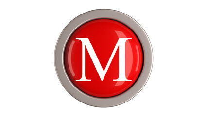 Red Button 3d with letter M white color  on top, 3d button PNG isolated white background