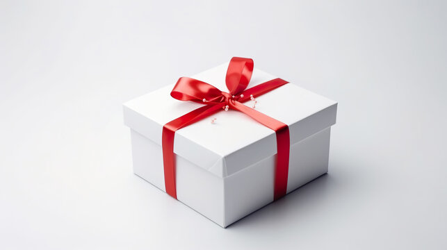 Gift box or present isolated. Gift box with red ribbon. Close up valentines day composition of gift box with red satin ribbon. Realistic 3D illustration. Generative AI
