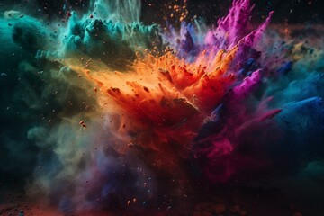 Fototapeta na wymiar Colorful explosion of holi powders in artful splash of rainbow hues. Generative AI