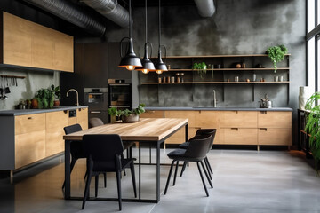 Minimalist Scandinavian kitchen interior with modern furniture, wooden accents and plants, generative AI