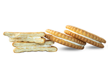Crackers inside with creamy white cream isolated on transparent background.
